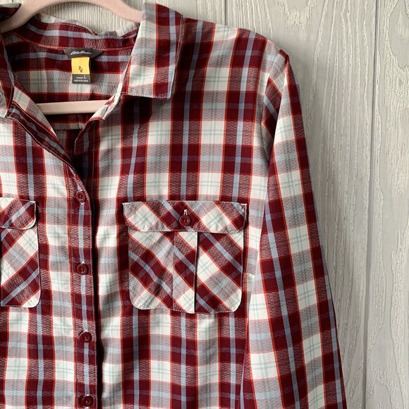 Eddie Bauer Womens Burgandy Plaid Button Down Shirt Size Large - Picture 2 of 3